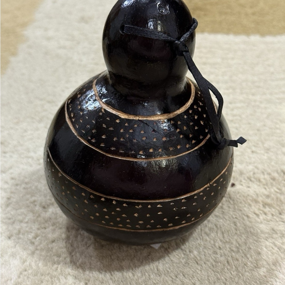 Handcrafted African Carved Gourd Rattle – Tribal Dotwork Design with Strap - Picture 3 of 3